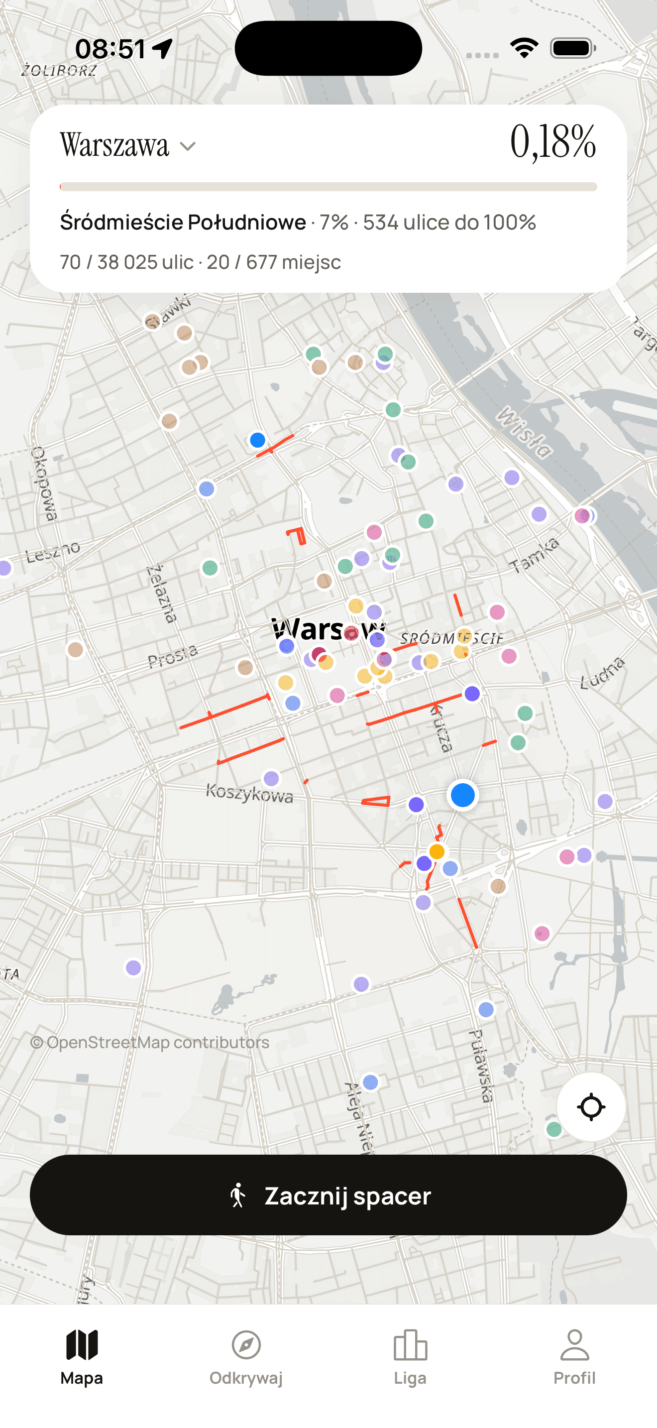 Mapa Warszawy w aplikacji Tup Quest: przebyte ulice nabierają koralowego koloru