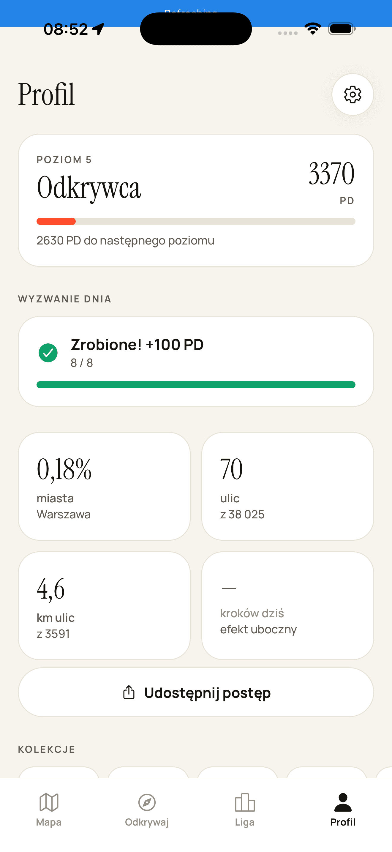Profil gracza w Tup Quest z postępem i odznakami